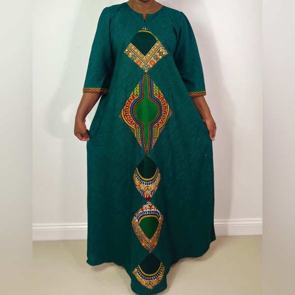 Forest Green Dashiki Print Detail Maxi Notch Neck Dress - Picture 4 of 7